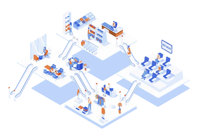 Shopping Mall Concept 3 D Isometric Web Scene With Infographic People Buying At Supermarket And Clothing Store Watch Movie In Cinema Work In Coworking Vector Illustration In Isometry Graphic Design Illustration