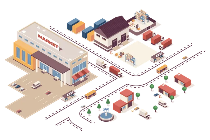 Shopping Concept 3 D Isometric Web Infographic Workflow Process Infrastructure Map With Production Buildings Supermarket Delivery Logistic Service Vector Illustration In Isometry Graphic Design Illustration