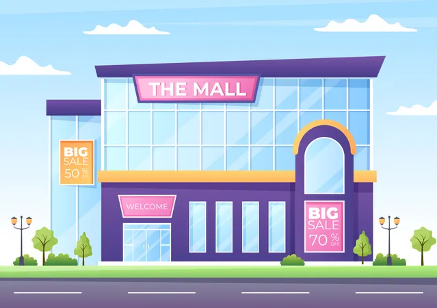 Modern Shopping Mall Building Background Illustration With Exterior And Various Shops Inside In Flat Style Design Illustration