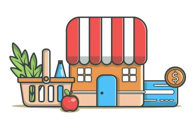 Shopping Concept In Flat Line Design Making Purchases At Supermarket Color Outline Scene Objects Composition With Grocery Store Basket With Food Credit Card Vector Illustration With Web Icon 일러스트레이션