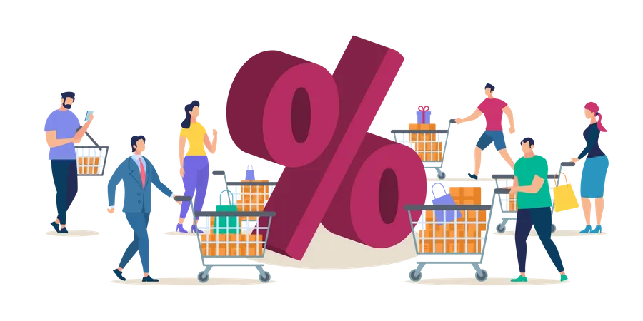 Shopping on Shop Sale with Big Discount Illustration