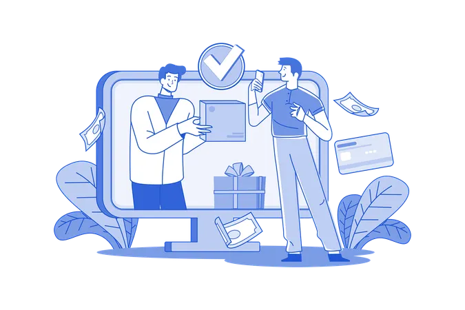 The Man Received The Item Directly From The Seller Through The Computer Screen Illustration