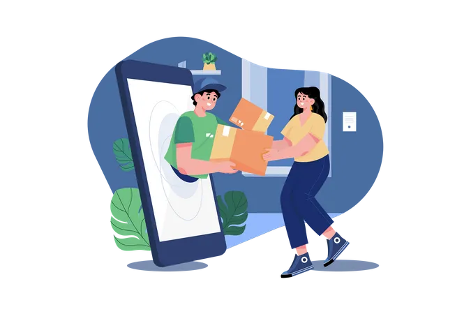 A Young Woman Receiving A Parcel From A Delivery Service Courier Through The Smartphone Screen Illustration