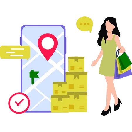 Girl Searching Location On Mobile Illustration