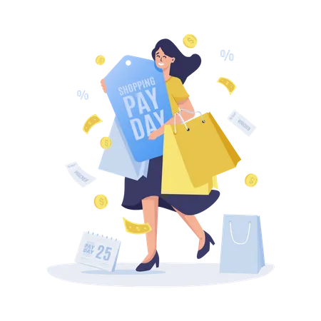 Happy Woman Shopping Payday Vector Illustration Illustration