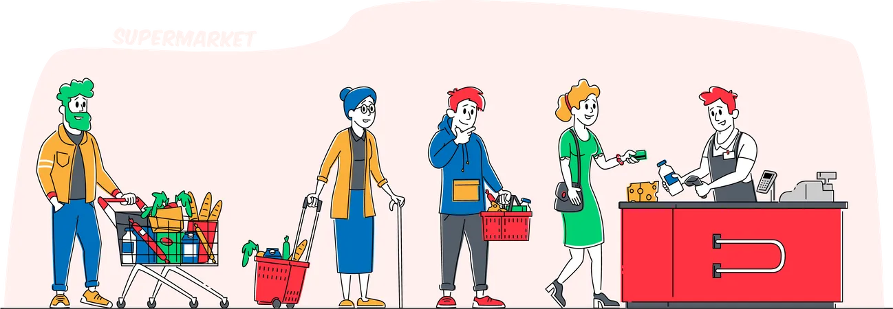Shopping Queue in Grocery market Illustration