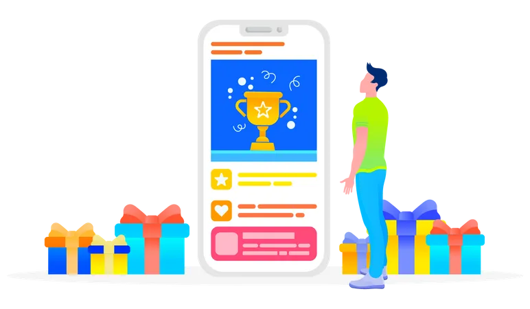 Big Smartphone And Man Looking At Screen Victory Trophy Cup On Screen Of Gadget Presents With Wrapping Paper And Decorative Ribbon Bows Male Playing Game On Mobile Phone Successful Result Vector Illustration