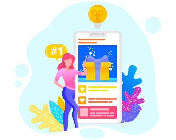 Lady Standing Near Smartphone With Promotion Business Strategy With Phone Application Trade Leader With Good Deals Yellow Box With Gift Present Colorful Leaves On Background Vector Illustration 일러스트레이션