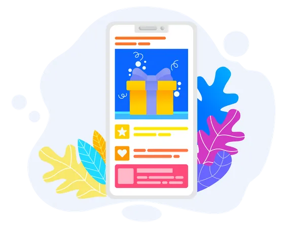 Smartphone With Promotion On Application Or Website Business Strategy Advertising For People Yellow Box With Gift Or Present Colorful Leaves On Background Vector Illustration In Flat Style Illustration