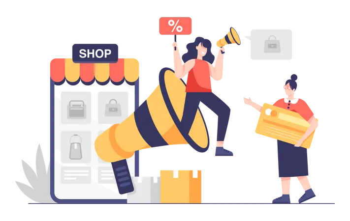 Businesswoman With Megaphone Advertising Online Sale And Making Discount Announcement Young Woman Holding Shopping Bag Concept Of Online Purchase With Marketing Campaign Vector Illustration Illustration