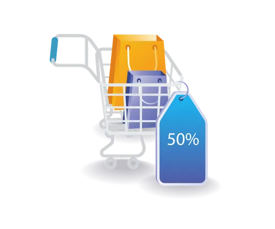 Shopping trolley with discount label  Illustration