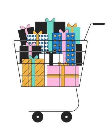 Shopping Trolley With Giftboxes 2 D Linear Cartoon Object Black Friday Cyber Monday Sales Presents Isolated Line Vector Element White Background Xmas Gifts Buying Color Flat Spot Illustration Illustration