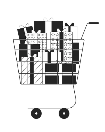 Shopping Trolley With Giftboxes Black And White 2 D Line Cartoon Object Black Friday Cyber Monday Sales Presents Isolated Vector Outline Item Xmas Gifts Buying Monochromatic Flat Spot Illustration Illustration