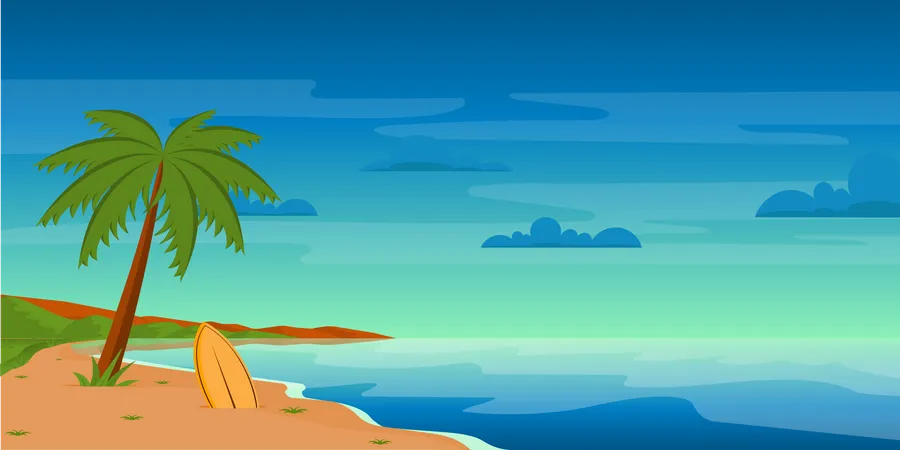 Flat Background Of Shore With Tree And Surfboard Illustration
