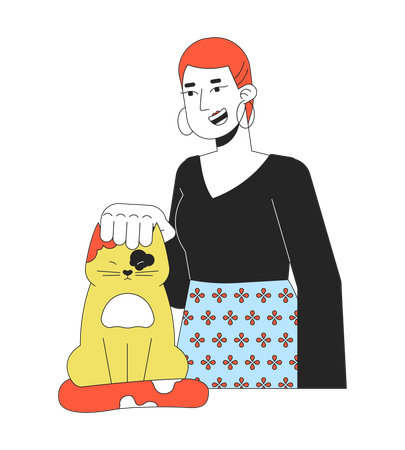 Short haired caucasian woman petting cat head  Illustration