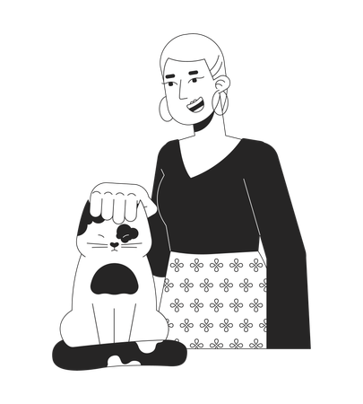 Short haired caucasian woman petting cat head  Illustration