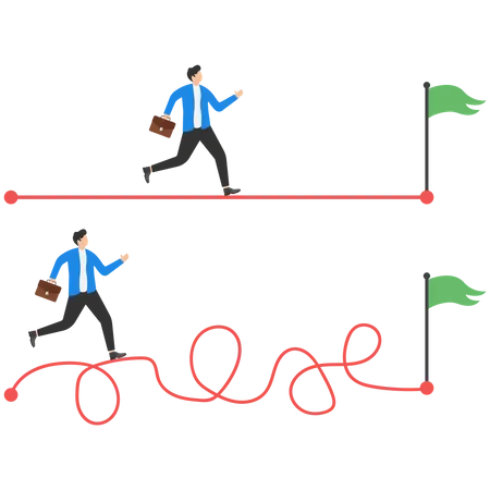 Easy Or Shortcut Way To Win Business Success Or Hard Path And Obstacle Concept Easy Vs Difficult Competing In Business Smart Businessman Running On Straight Easy Way And Other On Hard Messy Path 일러스트레이션