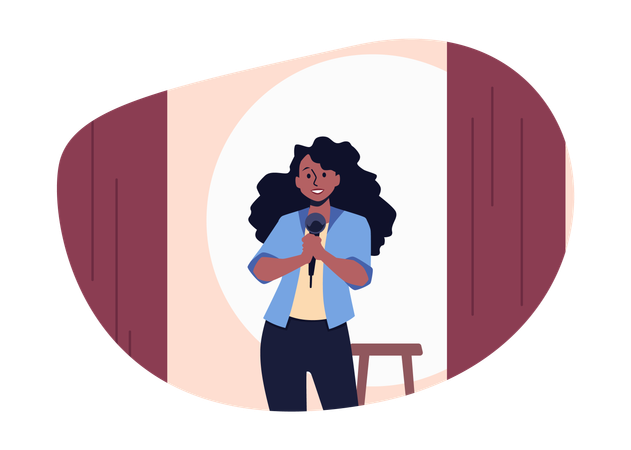 Show de comédia em que uma comediante diverte o público com piadas  Ilustração