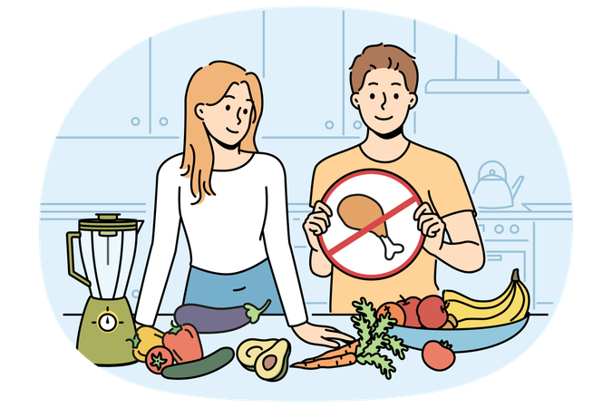 Programa de culinária vegana com homem e mulher em pé na cozinha com vegetais e sem carne  Ilustração