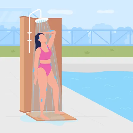 Showering Before Swimming Flat Color Vector Illustration Removing Sunscreen Lotion And Sweat With Water Girl Taking Shower 2 D Cartoon Faceless Character With Swimming Pool On Background Illustration