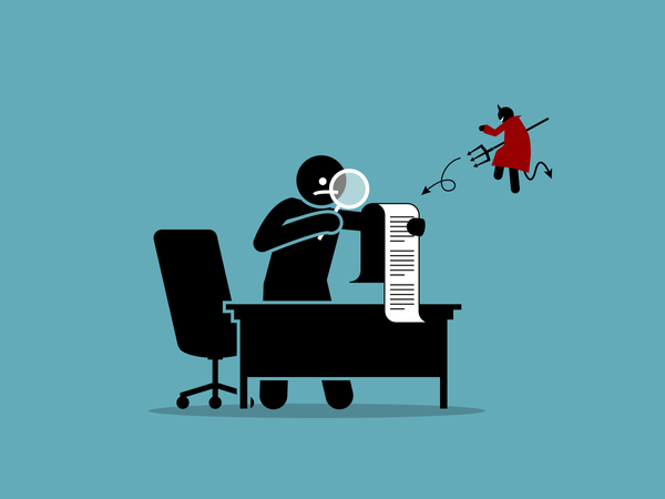 Showing a man checking a document or agreement with a magnifying glass in details  Illustration