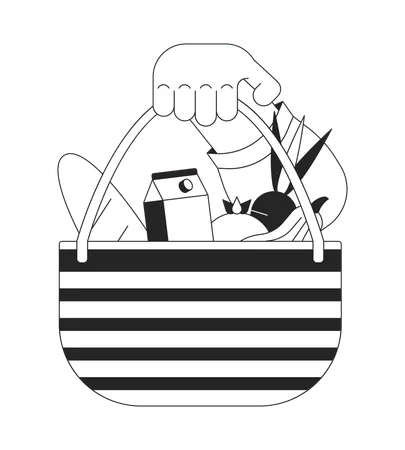 Showing Basket Full Of Products Cartoon Human Hand Outline Illustration Choosing Reusable Bag For Shopping 2 D Isolated Black And White Vector Image Consumption Flat Monochromatic Drawing Clip Art Illustration