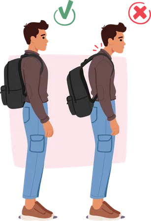 Wrong Posture Hunched Back Slouched Shoulders And Leaning Forward With A Heavy Backpack Proper Posture Straight Spine Shoulders Back And Evenly Distributed Weight While Wearing The Backpack Illustration