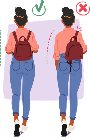 Showing correct and wrong pose while hanging bag on shoulders  Illustration