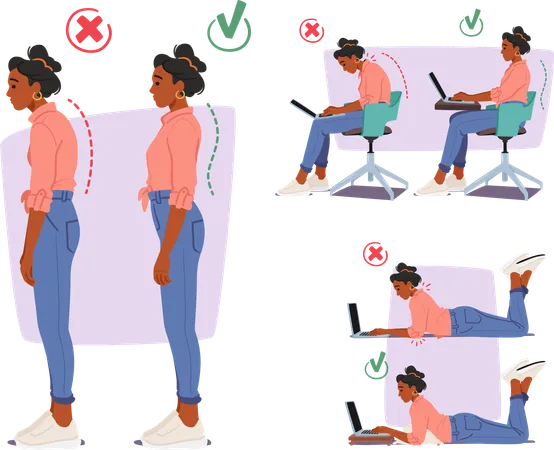 Infographics With Black Woman Showing Proper And Improper Body Postures For Standing And Working On Laptop Include Slouching And Hunching Or Straight Spine Positions Cartoon Vector Illustration Illustration