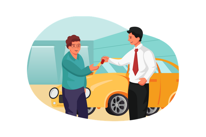 Showroom manager giving new car key to buyer Illustration