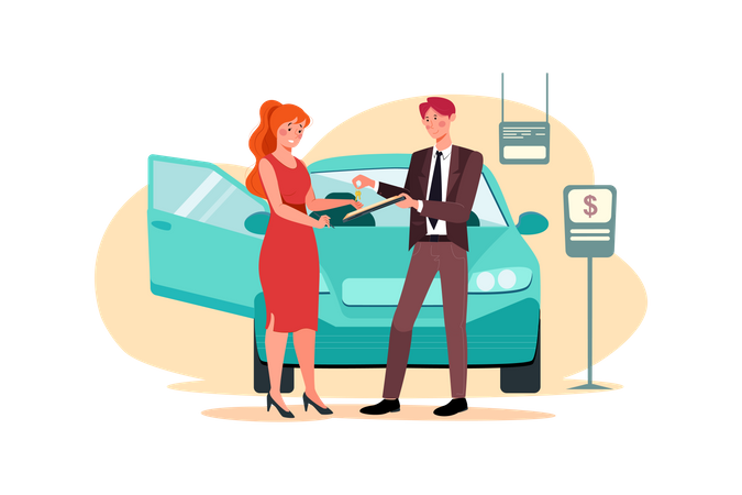 Showroom manager giving new car key to buyer Illustration