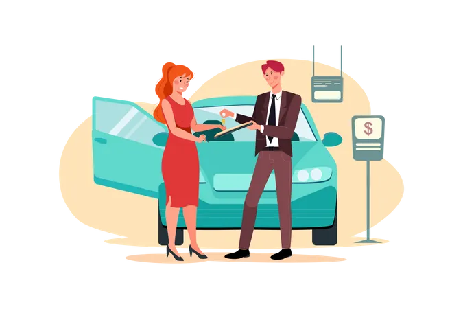 Showroom manager giving new car key to buyer  Illustration