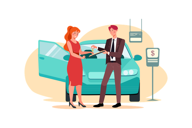 Showroom manager giving new car key to buyer  Illustration