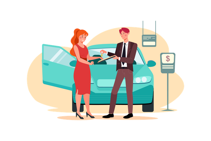 Showroom manager giving new car key to buyer  イラスト