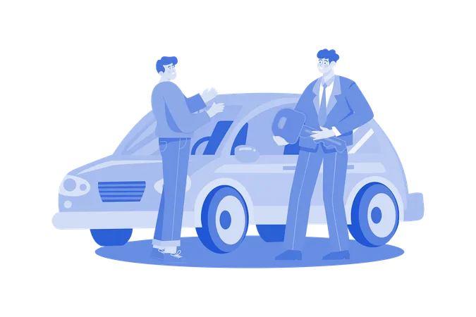 Showroom Manager Giving New Car Key To The Buyer  Illustration