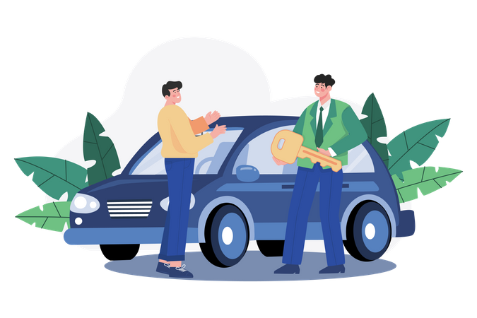 Showroom Manager Giving New Car Key To The Buyer  Illustration