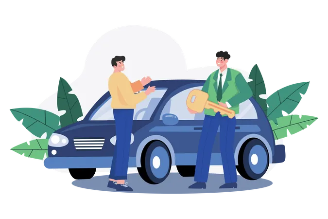 Showroom Manager Giving New Car Key To The Buyer  Illustration