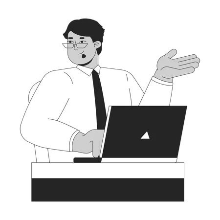 Shrugging arab man typing on laptop  Illustration