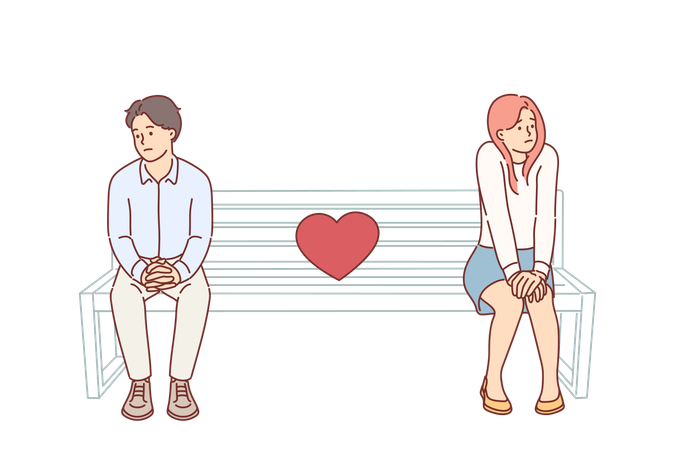 Shy couple on first date sitting on park bench and feeling awkward due to lack of common interests  イラスト