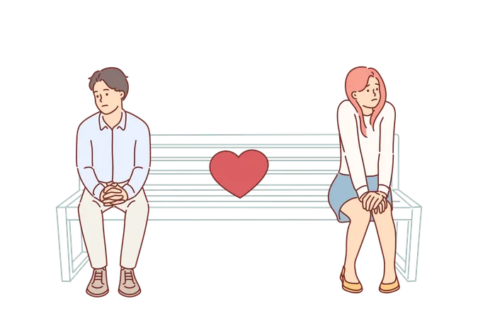 Shy Couple On First Date Sitting On Park Bench And Feeling Awkward Due To Lack Common Interests Quarreling Shy Husband And Wife Look In Different Directions Embarrassed To Apologize Or Confess Love Illustration
