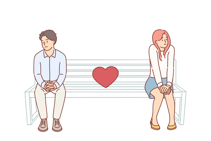 Shy couple on first date sitting on park bench and feeling awkward due to lack of common interests  Illustration