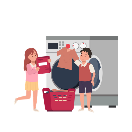 Sibling help to washing clothes and doing laundry Illustration
