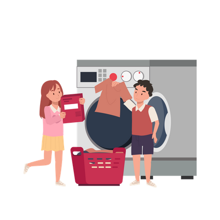 Sibling help to washing clothes and doing laundry  Illustration