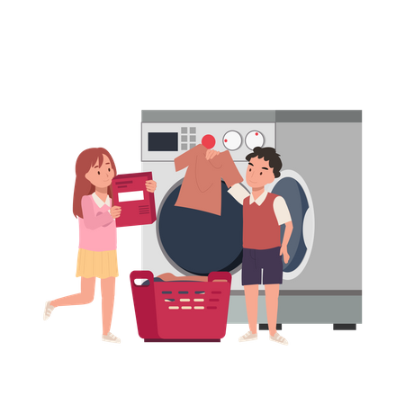 Sibling help to washing clothes and doing laundry  일러스트레이션