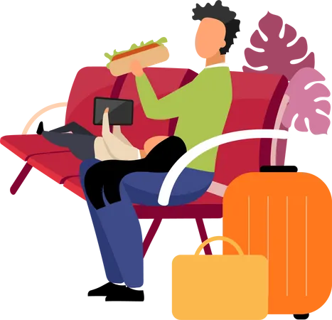 Sibling Waiting For Departure Flat Color Vector Faceless Characters Father And Daughter Resting Eating Fast Food Before Flight Isolated Cartoon Illustration For Web Graphic Design And Animation Illustration