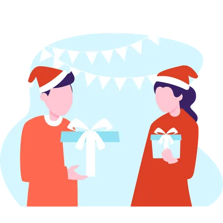 Siblings exchanging gifts on Christmas day  イラスト