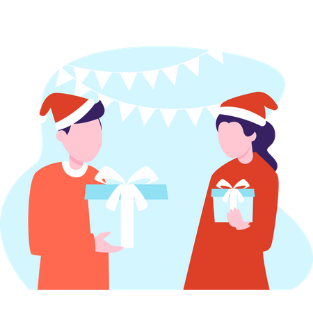 Siblings exchanging gifts on Christmas day  Illustration