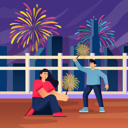 Siblings lighting firecrackers and celebrating new year  Illustration