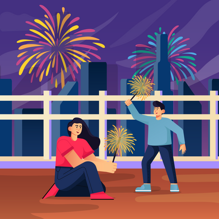 Siblings lighting firecrackers and celebrating new year  イラスト