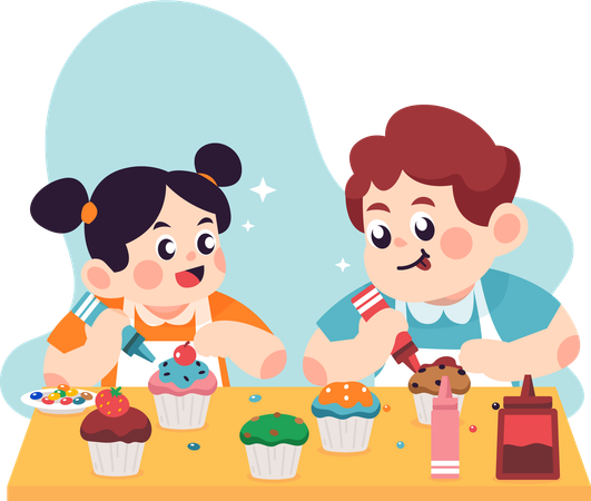 Siblings making cake  Illustration